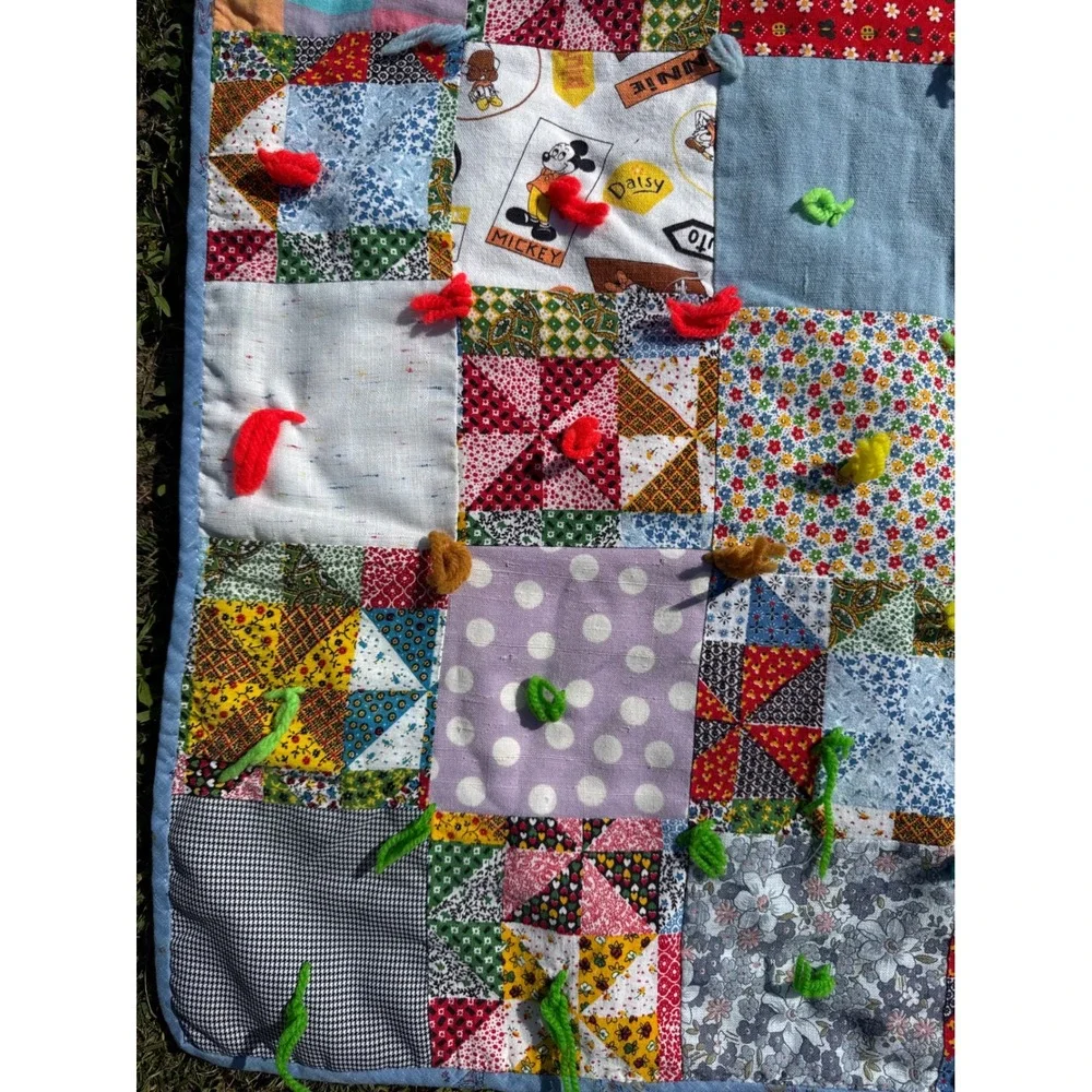 Vintage Handmade Disney Patchwork Quilt Mickey Minnie Mouse Hand Tied Scrap 70s